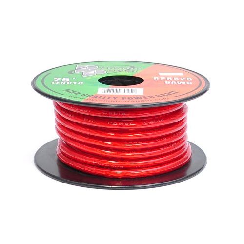  Pyle 8 Gauge Clear Red Power Wire - 25ft. Copper Cable in Spool for Connecting Audio Stereo to Amplifier, Surround Sound System, TV Home Theater and Car Stereo - Pyramid RPR825