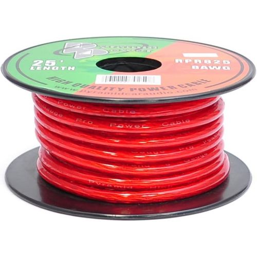  Pyle 8 Gauge Clear Red Power Wire - 25ft. Copper Cable in Spool for Connecting Audio Stereo to Amplifier, Surround Sound System, TV Home Theater and Car Stereo - Pyramid RPR825