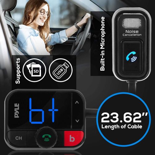  Pyle Cigarette Lighter Bluetooth FM Transmitter - Universal Wireless Car Bluetooth Adapter, Music Audio Stereo Radio Receiver w/Mic, Handsfree Calling, Siri/Google Asst, USB, Micro SD S