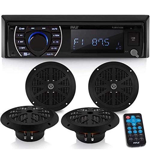  Pyle Marine Head Unit Receiver Speaker Kit - In-Dash LCD Digital Stereo Built-in Bluetooth & Microphone w/ AM FM Radio System 6.5’’ Waterproof Speakers (4) MP3/SD Readers & Remote Contr