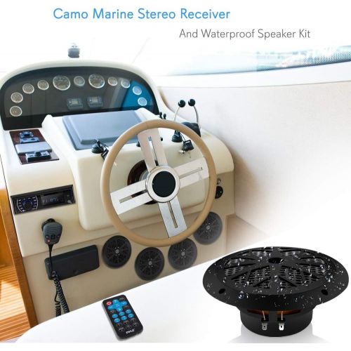  Pyle Marine Head Unit Receiver Speaker Kit - In-Dash LCD Digital Stereo Built-in Bluetooth & Microphone w/ AM FM Radio System 6.5’’ Waterproof Speakers (4) MP3/SD Readers & Remote Contr