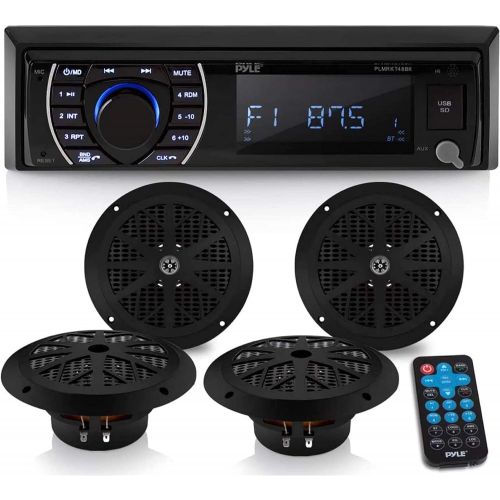  Pyle Marine Head Unit Receiver Speaker Kit - In-Dash LCD Digital Stereo Built-in Bluetooth & Microphone w/ AM FM Radio System 6.5’’ Waterproof Speakers (4) MP3/SD Readers & Remote Contr