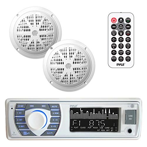  Pyle Marine Receiver & Speaker Kit - In-Dash LCD Digital Stereo Built-in Bluetooth & Microphone w/ AM FM Radio System 5.25’’ Waterproof Speakers (2) MP3/USB/SD Readers & Remote Control