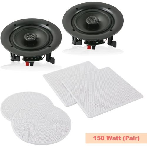  Pyle Pair 5.25” Flush Mount In-wall In-ceiling 2-Way Speaker System Spring Loaded Quick Connections Changeable Round/Square Grill Stereo Sound Polypropylene Cone Polymer Tweeter 15