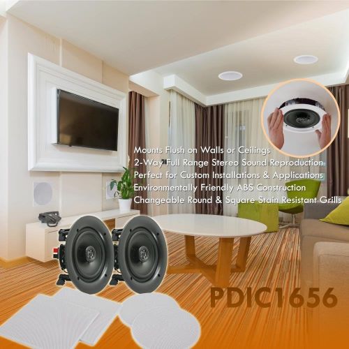  Pyle Pair 5.25” Flush Mount In-wall In-ceiling 2-Way Speaker System Spring Loaded Quick Connections Changeable Round/Square Grill Stereo Sound Polypropylene Cone Polymer Tweeter 15