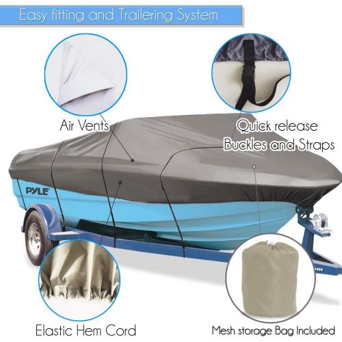  Pyle Universal Boat Adjustable Storage Cover - 16-18.5L to 98” Fishing Boats Protection Custom Heavy Duty Waterproof Mildew Weather Resistant Polyester Fabric Air Vents, Elastic Cord, B