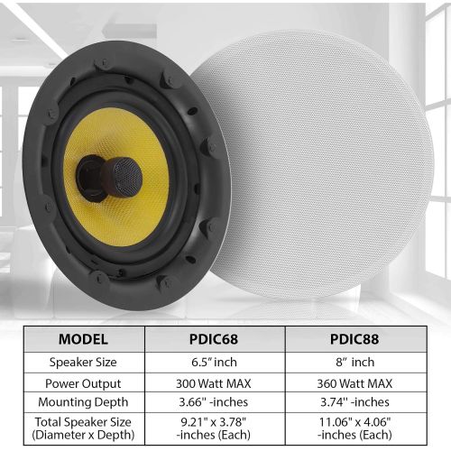  Pyle 8” Ceiling Wall Hi-Fi Speakers - 2-Way Full Range Speaker (Pair) Built-in Electronic Crossover Network Flush Mount Design w/ 55Hz - 22kHz Frequency Response 360 Watts & Magnetic Gr