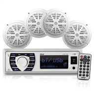 Pyle Marine Radio Receiver Speaker Set 12v Single Din Style Bluetooth Compatible Waterproof Digital Boat In Dash Console System with Mic 4 Speakers, Remote Control, Wiring Harness PLMRK