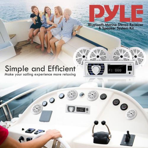  Pyle Marine Radio Receiver Speaker Set 12v Single Din Style Bluetooth Compatible Waterproof Digital Boat In Dash Console System with Mic 4 Speakers, Remote Control, Wiring Harness PLMRK