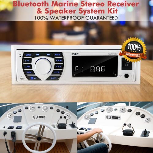  Pyle Marine Radio Receiver Speaker Set 12v Single Din Style Bluetooth Compatible Waterproof Digital Boat In Dash Console System with Mic 4 Speakers, Remote Control, Wiring Harness PLMRK