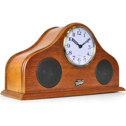  Pyle 2-in-1 Vintage Style Clock - Retro Bluetooth Speaker, Tabletop Clock, Handcrafted Birchwood, Quartz Clock, USB Charging, Full Bass Sound System, Built-in Speakers, 25 Watt, Br