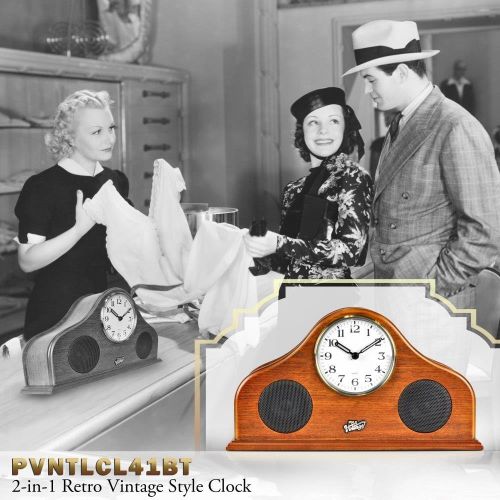  Pyle 2-in-1 Vintage Style Clock - Retro Bluetooth Speaker, Tabletop Clock, Handcrafted Birchwood, Quartz Clock, USB Charging, Full Bass Sound System, Built-in Speakers, 25 Watt, Br