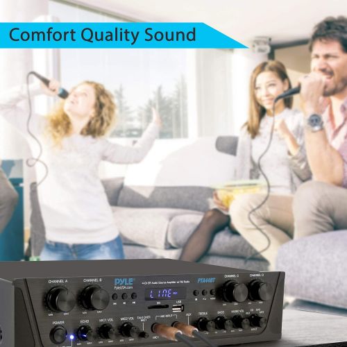  Pyle 500W Karaoke Wireless Bluetooth Amplifier - 4 Channel Stereo Audio Home Theater Speaker Sound Power Receiver w/ AUX IN, FM, RCA Subwoofer Speakers OUT, USB, Microphone IN w/ Echo -