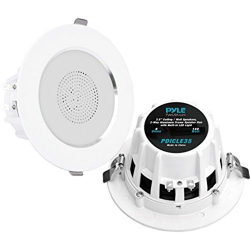  Pyle Ceiling Speakers, In-Wall / In-Ceiling Dual 3.5-Inch Speaker System, High-Compliance Tweeter, 2-Way, Flush Mount, Aluminum Frame Speaker Pair with Built-in LED Lights, White (