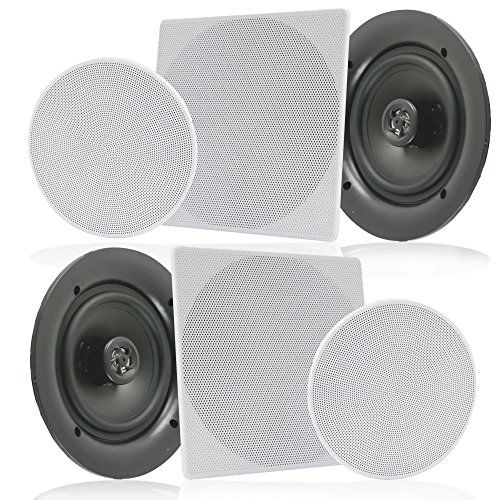  Pyle Pair 6.5” Flush Mount In-wall In-ceiling 2-Way Speaker System Spring Loaded Quick Connections Changeable Round/Square Grill Stereo Sound Polypropylene Cone Polymer Tweeter 200