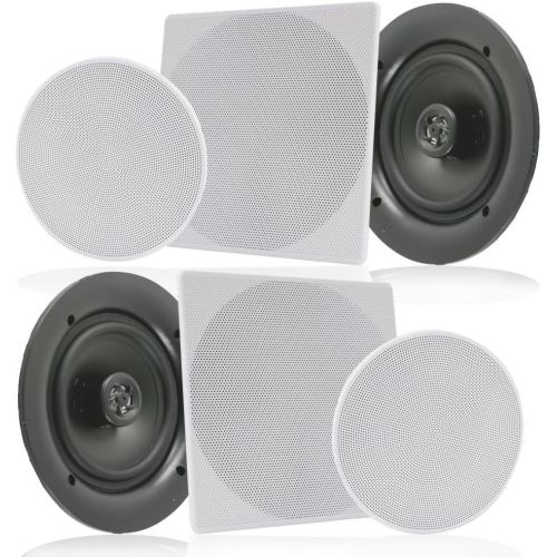  Pyle Pair 6.5” Flush Mount In-wall In-ceiling 2-Way Speaker System Spring Loaded Quick Connections Changeable Round/Square Grill Stereo Sound Polypropylene Cone Polymer Tweeter 200