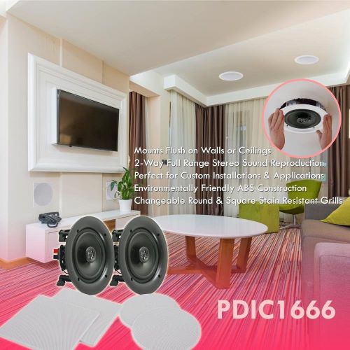  Pyle Pair 6.5” Flush Mount In-wall In-ceiling 2-Way Speaker System Spring Loaded Quick Connections Changeable Round/Square Grill Stereo Sound Polypropylene Cone Polymer Tweeter 200