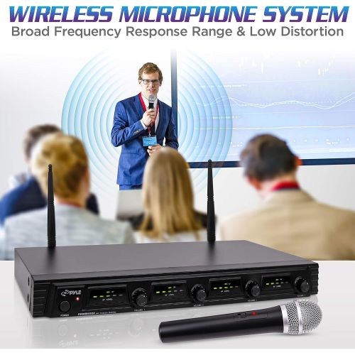  Pyle 4 Channel Wireless Microphone System-Portable UHF Audio Set with XLR Jack-4 Handheld Dynamic Mic, Receiver, Dual Antenna, Power Cable Adapter-for Karaoke, PA, DJ Party Pro PDW