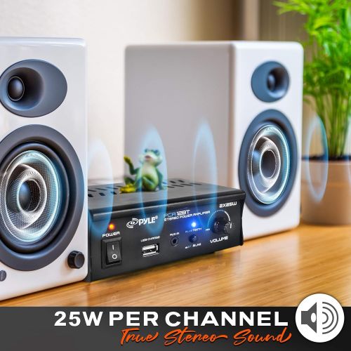  Mini Blue Series Bluetooth Stereo Power Amplifier, Wireless Audio Streaming Amp with USB Charging & Audio AUX Input (2 x 25 Watt) - Pyle PCA12BT.5_0