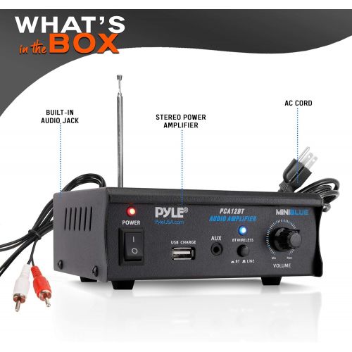  Mini Blue Series Bluetooth Stereo Power Amplifier, Wireless Audio Streaming Amp with USB Charging & Audio AUX Input (2 x 25 Watt) - Pyle PCA12BT.5_0