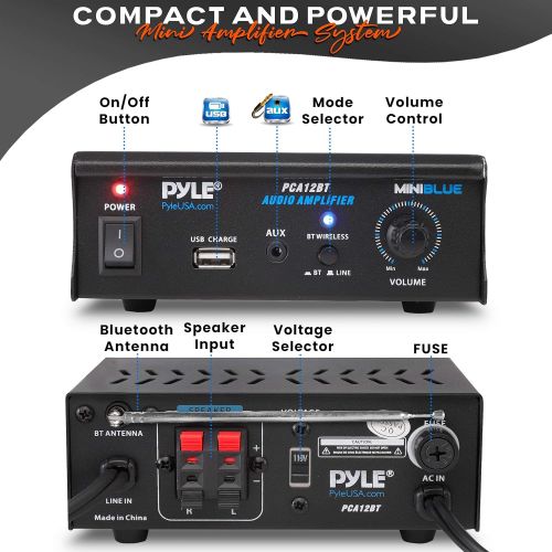  Mini Blue Series Bluetooth Stereo Power Amplifier, Wireless Audio Streaming Amp with USB Charging & Audio AUX Input (2 x 25 Watt) - Pyle PCA12BT.5_0