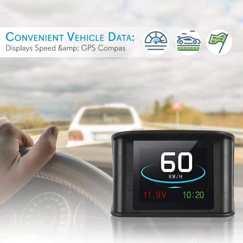  Pyle Universal Vehicle Smart HUD Display - 2.6 Digital Mini Car Dashboard Heads Up Windshield Speedometer Projector System w/ GPS Navigation Compass, Displays Speed, Distance, Time and