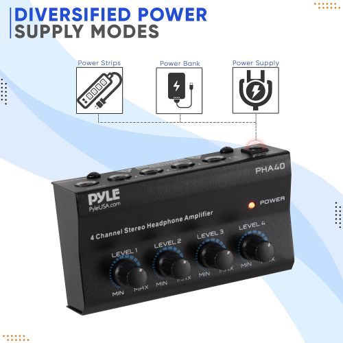  Pyle 4-Channel Portable Stereo Headphone Amplifier - Professional Multi Channel Mini Earphone Splitter Amp w/ 4 ¼” Balanced TRS Headphones Output Jack and 1/4 TRS Audio Input For Sound