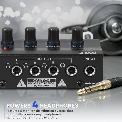  Pyle 4-Channel Portable Stereo Headphone Amplifier - Professional Multi Channel Mini Earphone Splitter Amp w/ 4 ¼” Balanced TRS Headphones Output Jack and 1/4 TRS Audio Input For Sound