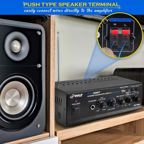  Pyle Bluetooth Mini Blue Series Home Audio Amplifier - Compact Desktop Home Theater Stereo Amplifier Receiver with USB Charge Port | Pager & Mixer Karaoke Modes | Mic Input (40 Watt x 2