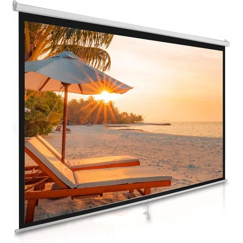  Pyle Manual Pull Down Projector Screen - Universal 100-inch Roll-Down Pull-Down Retractable Manual Projection Screen w/ Auto-Locking, Adjustable Screen Height, Black Masking Border - Py