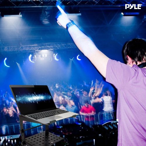  Pyle Portable Adjustable Laptop Stand - 6.3 to 10.9 Inch Standing Table Monitor or Computer Desk Workstation Riser with Shelf Storage and Height Alignment for DJ, PC, Gaming, Home