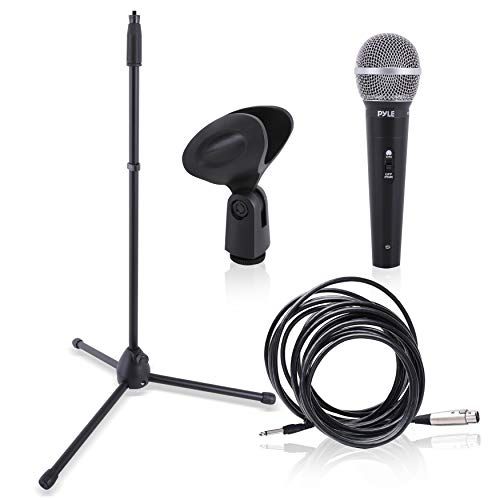  Pyle Professional Handheld Dynamic Microphone Kit - Unidirectional Vocal Wired Microphone w/Carry Bag, Metal Mic Stand, Holder/Clip & 16.4ft XLR Audio Cable to 1/4 Audio Connection - Py