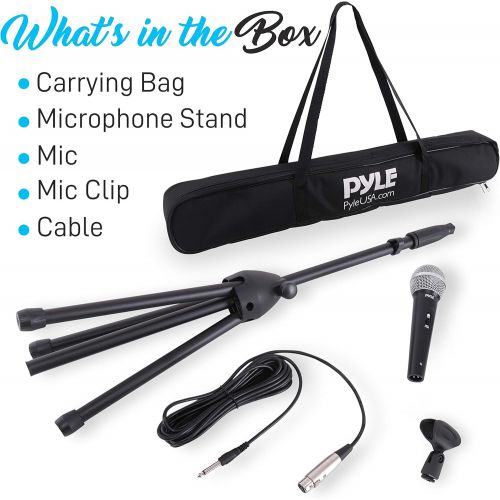  Pyle Professional Handheld Dynamic Microphone Kit - Unidirectional Vocal Wired Microphone w/Carry Bag, Metal Mic Stand, Holder/Clip & 16.4ft XLR Audio Cable to 1/4 Audio Connection - Py