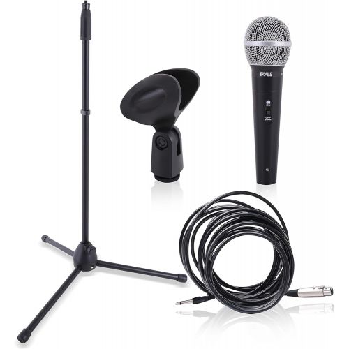  Pyle Professional Handheld Dynamic Microphone Kit - Unidirectional Vocal Wired Microphone w/Carry Bag, Metal Mic Stand, Holder/Clip & 16.4ft XLR Audio Cable to 1/4 Audio Connection - Py