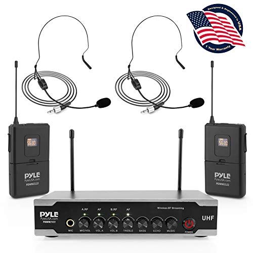  Pyle Portable Uhf Wireless Microphone System - Bluetooth Cordless Headset Lapel Lavalier Microphone Set W/ 2 Battery Operated Beltpack Transmitters, Receiver, Aux, for PA Karaoke DJ Par