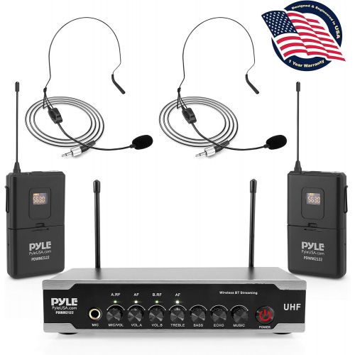  Pyle Portable Uhf Wireless Microphone System - Bluetooth Cordless Headset Lapel Lavalier Microphone Set W/ 2 Battery Operated Beltpack Transmitters, Receiver, Aux, for PA Karaoke DJ Par