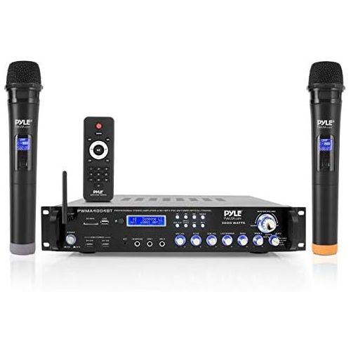  Pyle Bluetooth Multi-Channel Hybrid Pre-Amplifier System - 3000W Home Audio Rack Mount Stereo Power Amplifier Receiver w/ Radio, USB, UHF, Dual Wireless Karaoke mic, Speaker Sound Syste