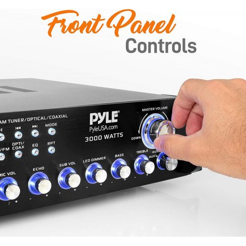  Pyle Bluetooth Multi-Channel Hybrid Pre-Amplifier System - 3000W Home Audio Rack Mount Stereo Power Amplifier Receiver w/ Radio, USB, UHF, Dual Wireless Karaoke mic, Speaker Sound Syste