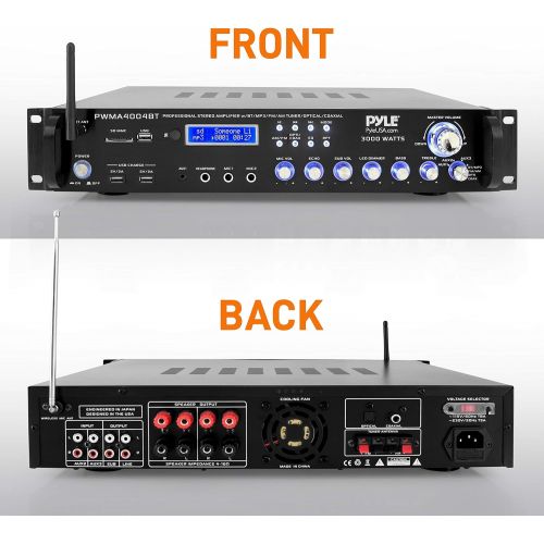  Pyle Bluetooth Multi-Channel Hybrid Pre-Amplifier System - 3000W Home Audio Rack Mount Stereo Power Amplifier Receiver w/ Radio, USB, UHF, Dual Wireless Karaoke mic, Speaker Sound Syste