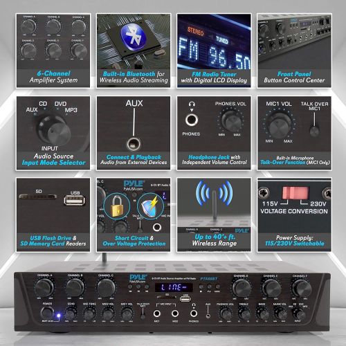  Pyle Wireless Home Audio Amplifier System-Bluetooth Compatible Sound Stereo Receiver Amp - 6 Channel 600Watt Power, Digital LCD, Headphone Jack, 1/4 Microphone in USB SD AUX RCA FM Radi