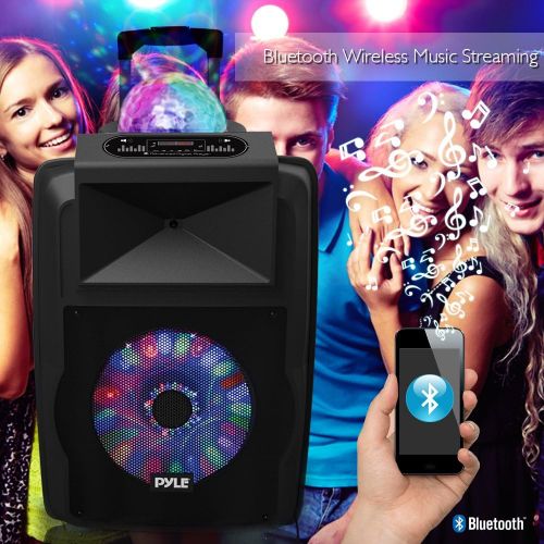  Pyle Portable DJ Karaoke PA Speaker - Outdoor 700 Watt Stereo 12” Subwoofer Built-in LED Lights Wireless Bluetooth Rechargeable Battery Audio Recording Mode & MP3/USB/Micro SD/FM Radio