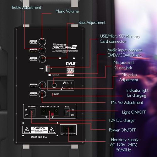  Pyle Portable DJ Karaoke PA Speaker - Outdoor 700 Watt Stereo 12” Subwoofer Built-in LED Lights Wireless Bluetooth Rechargeable Battery Audio Recording Mode & MP3/USB/Micro SD/FM Radio