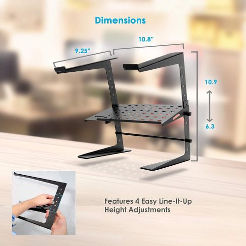  Pyle Portable Adjustable Laptop Stand - 6.3 to 10.9 Inch Standing Table Monitor or Computer Desk Workstation Riser with Shelf Storage and Height Alignment for DJ, PC, Gaming, Home