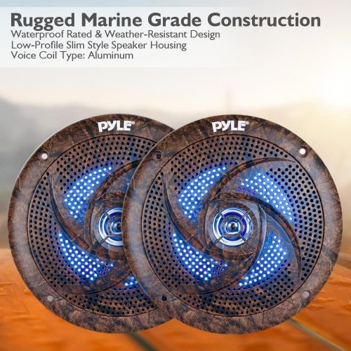  Pyle PLMRLE64DK Waterproof Rated Marine, Low-Profile Slim Speaker Pair with Built-in LED Lights, Camo Style, 6.5 (240 W) (Pair)