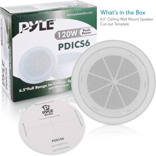  Pyle 6.5” Ceiling Wall Mount Speaker - Full Range Woofer Speaker System 1.5 Tweeter Cup Flush Design w/ 60Hz-16kHz Frequency Response 120 Watts Peak & Template for Easy Installation - P