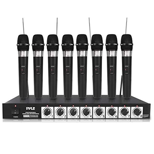  Pyle VHF Wireless System-Rack Mountable 8 Channel Cordless Set w/ 8 Handheld Microphones, Mixed 1/4 Outputs-DJ, Karaoke, Conference Speaker-Pyle PDWM8400