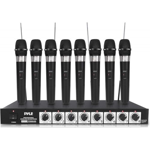  Pyle VHF Wireless System-Rack Mountable 8 Channel Cordless Set w/ 8 Handheld Microphones, Mixed 1/4 Outputs-DJ, Karaoke, Conference Speaker-Pyle PDWM8400