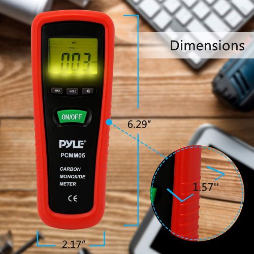  Pyle Hand Held Carbon Monoxide Meter - High Accuracy and 1000 PPM Measurement Range CO Sensor w/Digital LCD Display Auto Power Off Safety Alarm Battery Operated and Control Buttons - Py