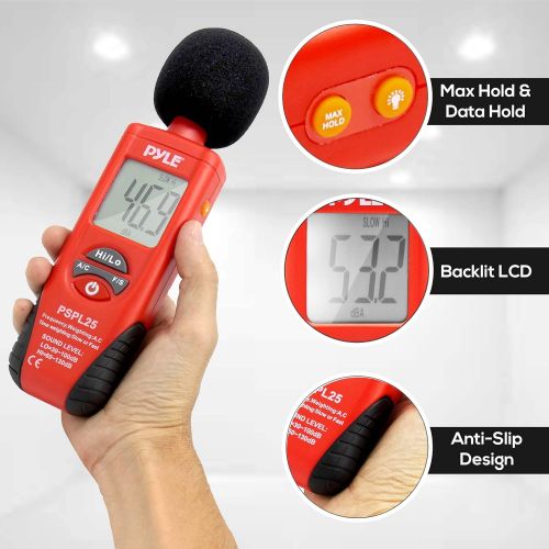  Digital Handheld Sound Level Meter - Meter Automatic with A and C Frequency Weighting for Musicians and Sound Audio Professionals, 9V Battery Type - Pyle SPL25, Red/Black (PSPL25)