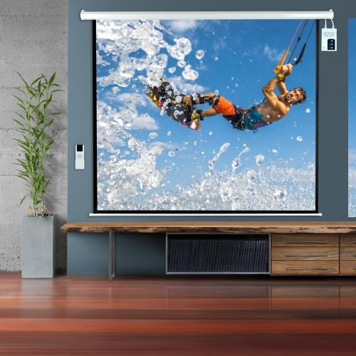  Pyle 84 Portable Motorized Matte White Projector Screen - Automatic Projection Display with Wall/Ceiling Mount, Remote and Case - for Home Movie Theater, Slide/Video Showing - PRJE